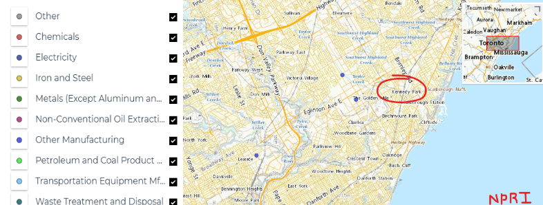 Map of Toronto with chemical contamination in neighbourhoods